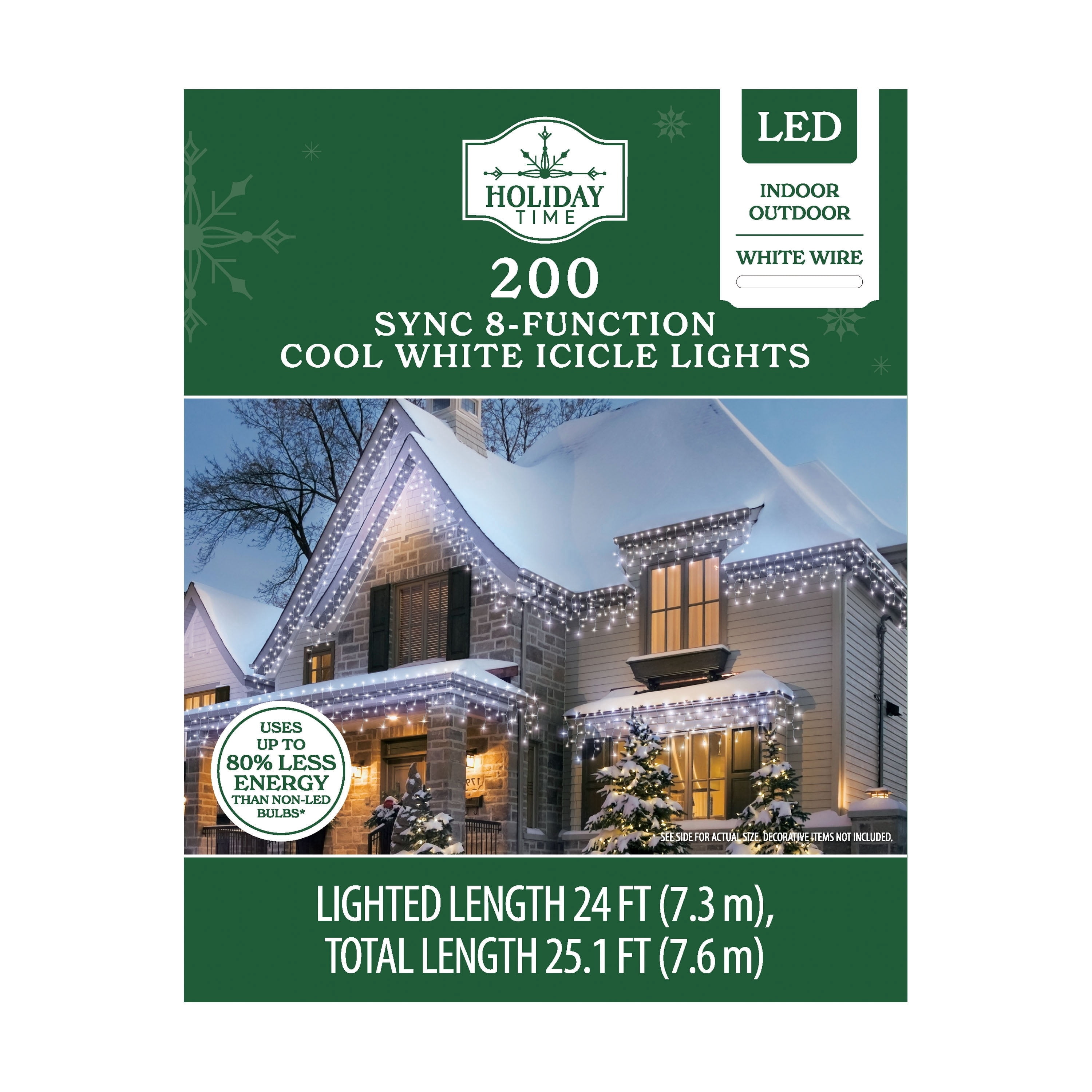 Indoor/Outdoor 200-Count LED 8-Function Sync Christmas Icicle Lights, Cool White, White Wire, 24', by Holiday Time