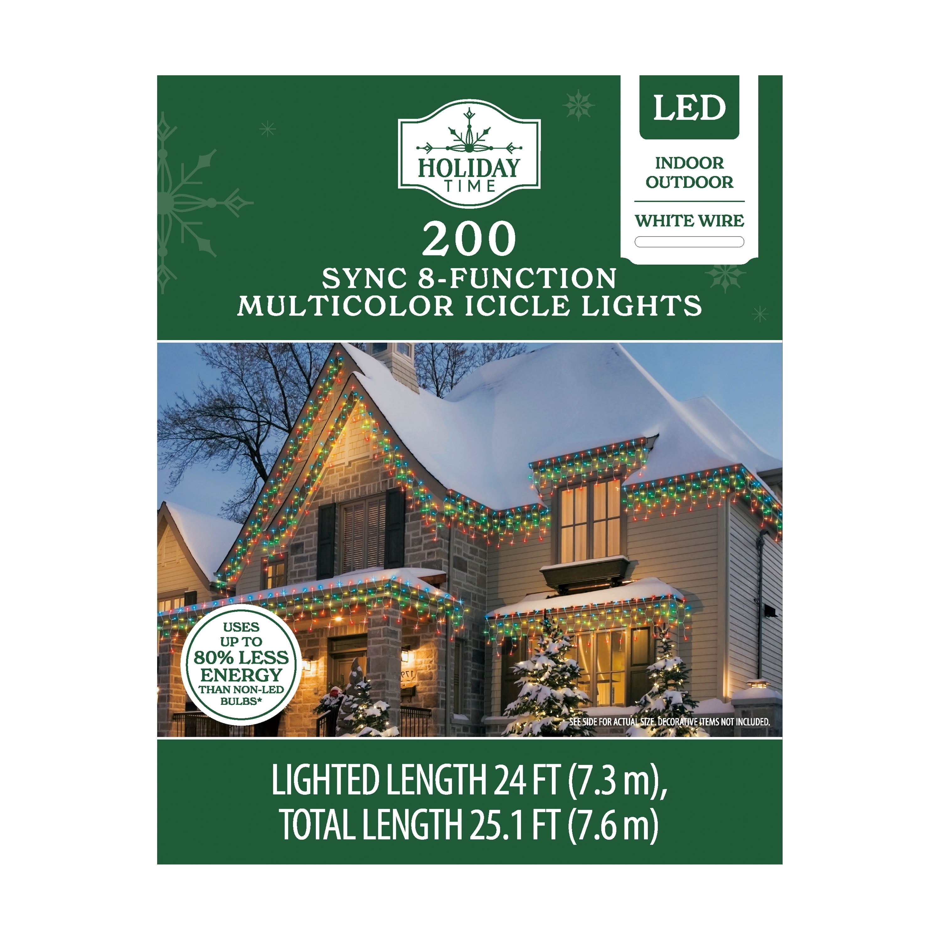 Indoor/Outdoor 200-Count LED 8-Function Sync Christmas Icicle Lights, Multicolor, White Wire, 24', by Holiday Time