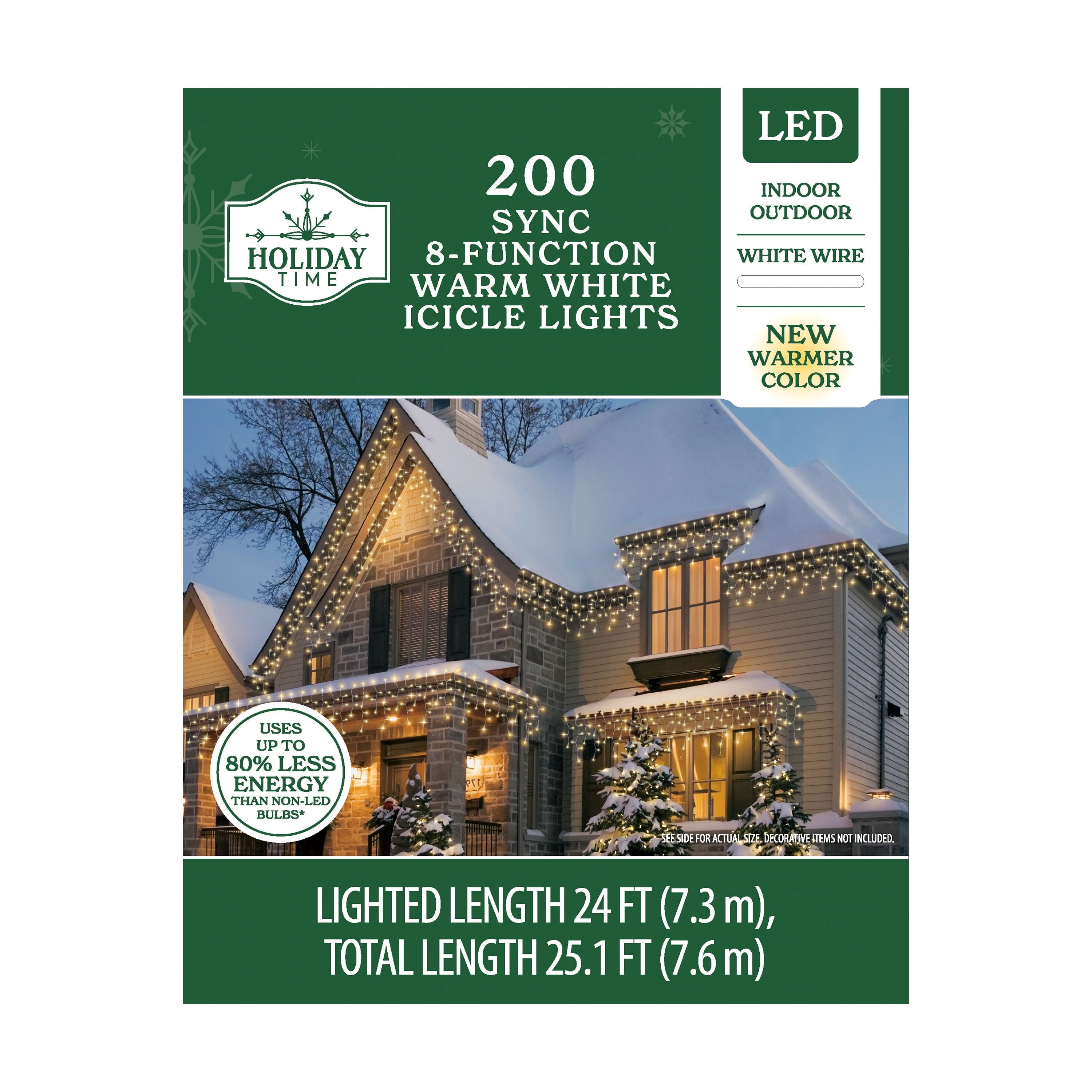 Indoor/Outdoor 200-Count LED 8-Function Sync Christmas Icicle Lights, Warm White, White Wire, 24', by Holiday Time
