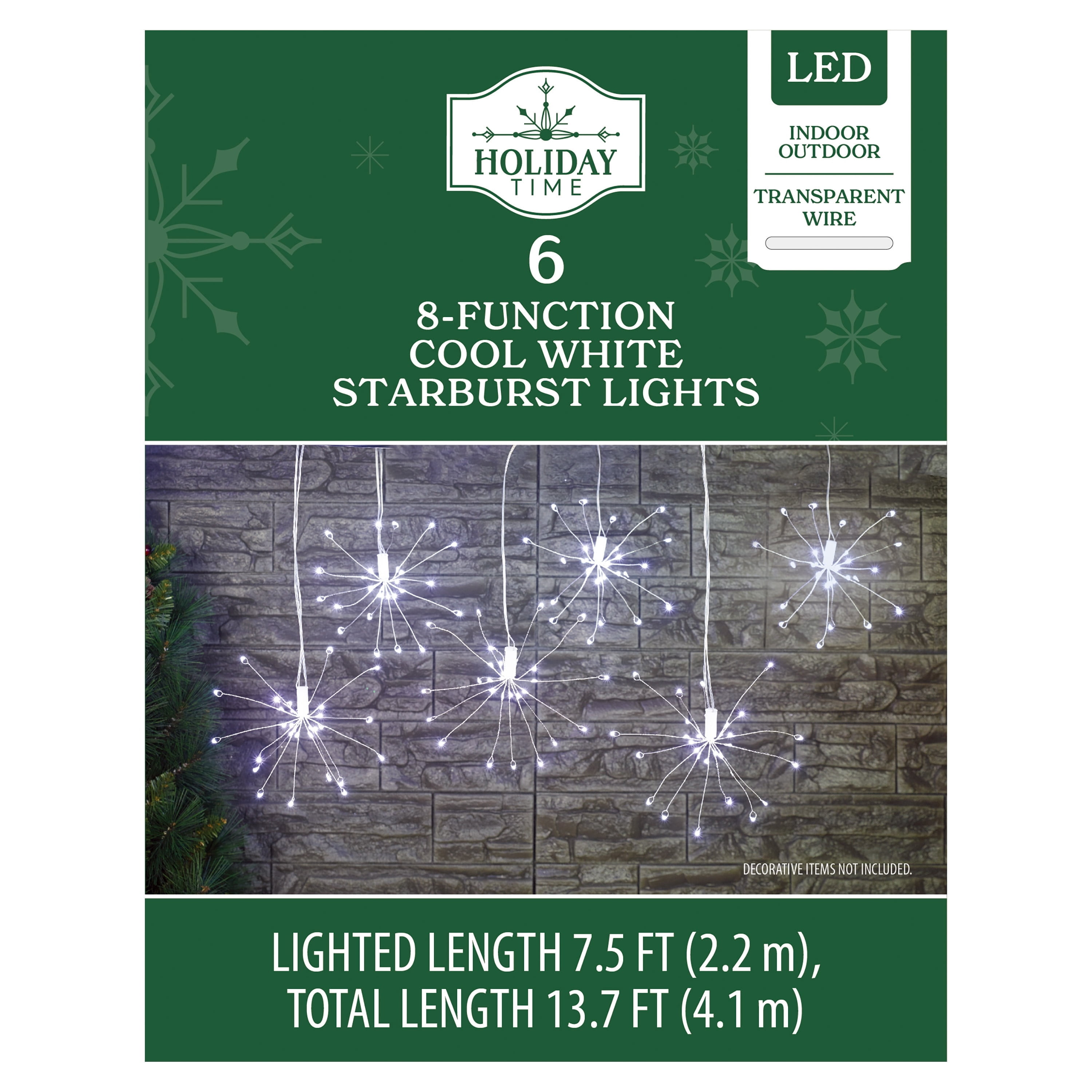 Indoor/Outdoor 6-Count LED 8-Function Starburst Christmas String Lights, Cool White, Transparent Wire, 7.5', by Holiday Time