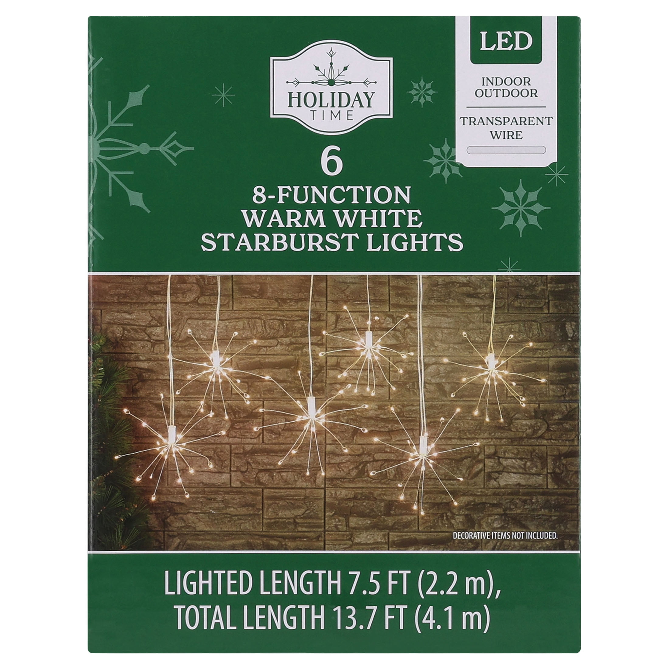Indoor/Outdoor 6-Count LED 8-Function Starburst Christmas String Lights, Warm White, Transparent Wire, 7.5', by Holiday Time