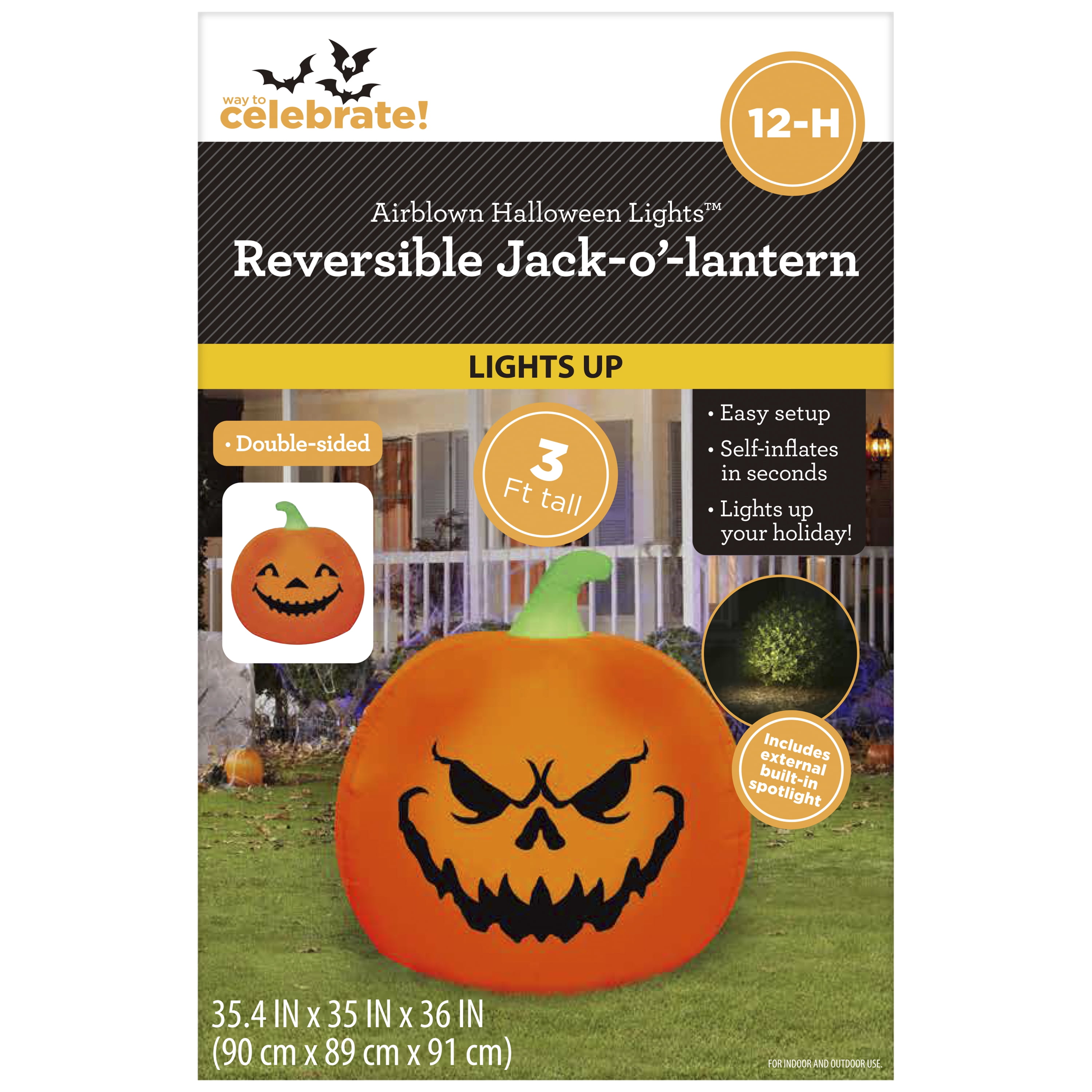 Reversible Jack-o'-Lantern Airblown Yard Inflatable, Multicolor, 3', Halloween by Way To Celebrate