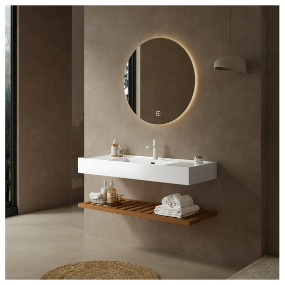 LEDE " Bathroom Vanity with Vessel Sink, Wall-Mounted Floating White Rectangular Acrylic Integrated Basin without , Striped Shelves Layer, Dark Walnut Woodgrain Color