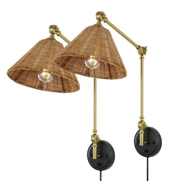 LEDET Gold Rattan Swing Arm Wall Lamp Adjustable Wall Mounted Sconce (Set of 2)