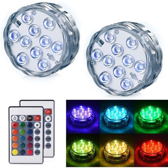 LEDGLE Submersible LED Lights Waterproof Novelty Lights RGB Changing Decorated Lighting Battery Operated Lamps with Remote Control for Aquarium Hot Tub Vase Base Party (2 Pack)
