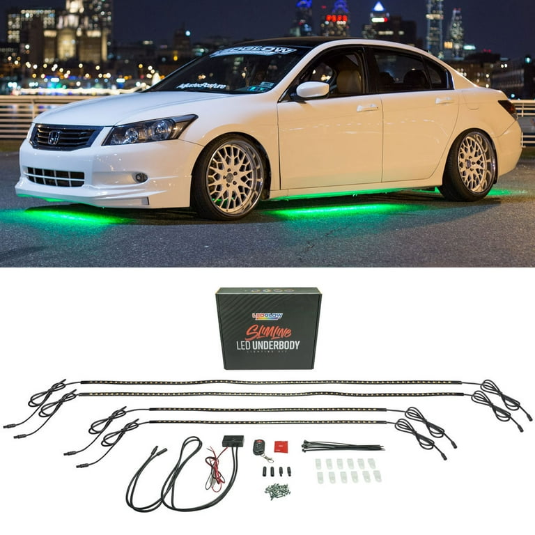 LEDGlow 4pc Green Flexible LED Slimline Car Underbody Underglow Lighting  Kit 