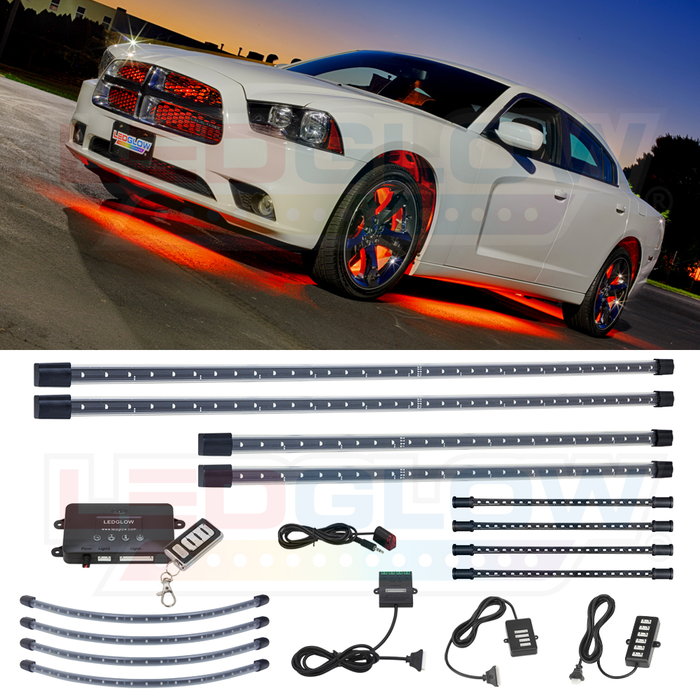 LEDGlow 4pc Orange Wireless LED Underbody Underglow, 4pc Interior Lighting Light Kit & 4pc Wheel