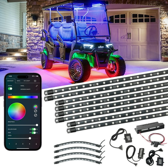 LEDGlow Bluetooth 12pc Million Color LED 6-Seater Golf Cart Underbody Lighting Kit w/ Canopy & Wheel Well Add-Ons
