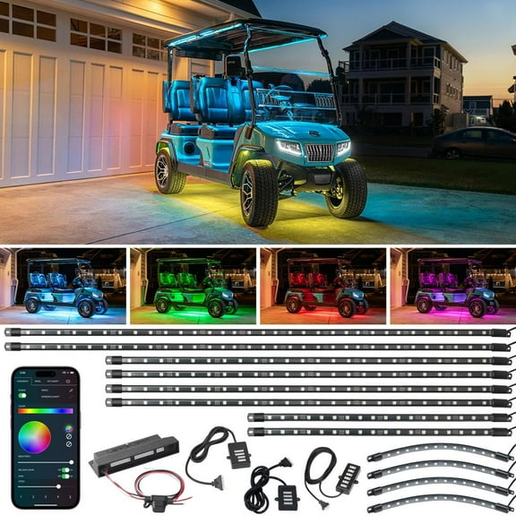 LEDGlow Bluetooth 12pc Million Color LED Extended Wheelbase 4-Seater Golf Cart Underbody Lighting Kit w/ Canopy & Wheel Well Add-Ons