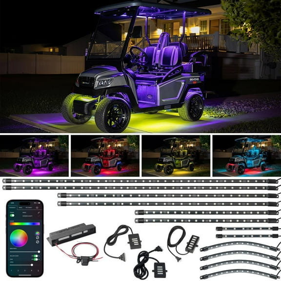 LEDGlow Bluetooth 12pc Million Color LED Standard Wheelbase 4-Seater Golf Cart Underbody Lighting Kit w/ Canopy, Wheel Well & Interior Add-Ons