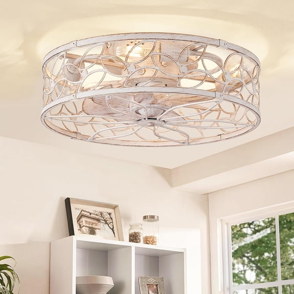 LEDIARY Caged Ceiling Fans with Lights, White Flush Mount Fan Remote&App, Small Low Profile Bladeless Light Fixture for Bedroom, Kitchen, Dining Room-White Gold Color