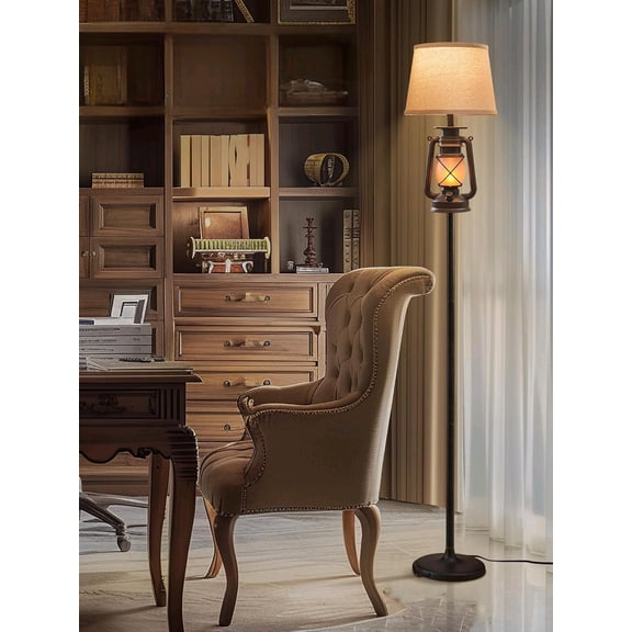 LEDIARY LED Flashing Flame Night Lantern Farmhouse Floor Lamp for Living Room, Rustic Standing Lamp with Beige Linen Drum Lampshade, Lantern Floor Lamps for Bedroom Home Decor$$Tools & Hardware Other