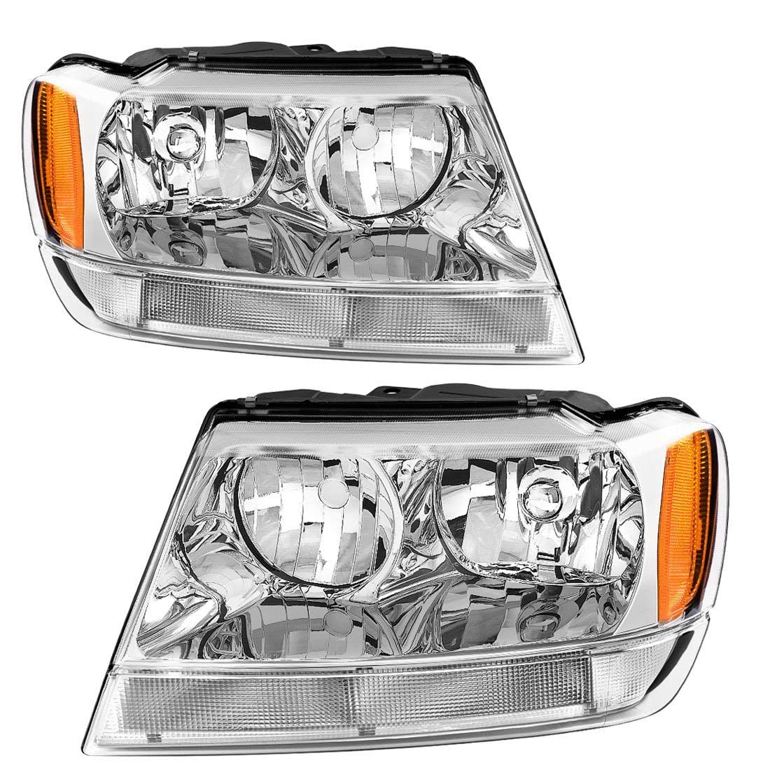 RVNI Chrome Amber Corner Headlights For 1999-2004 Jeep Grand Cherokee Pair Headlamps