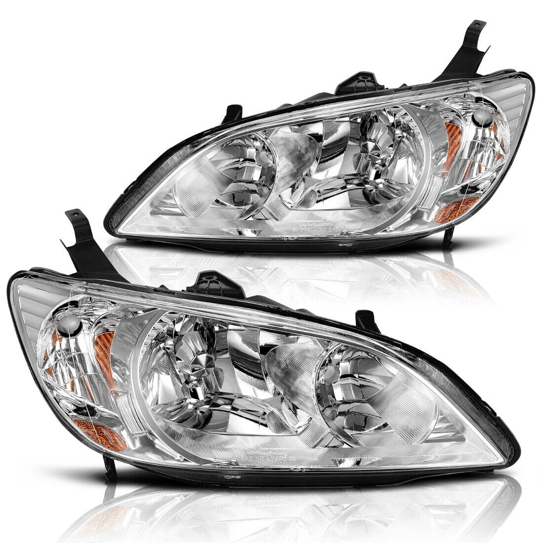 RVNI Chrome Headlights Amber Corner Lamps Pair Fits For 2004-2005 Honda Civic 2/4 Dr