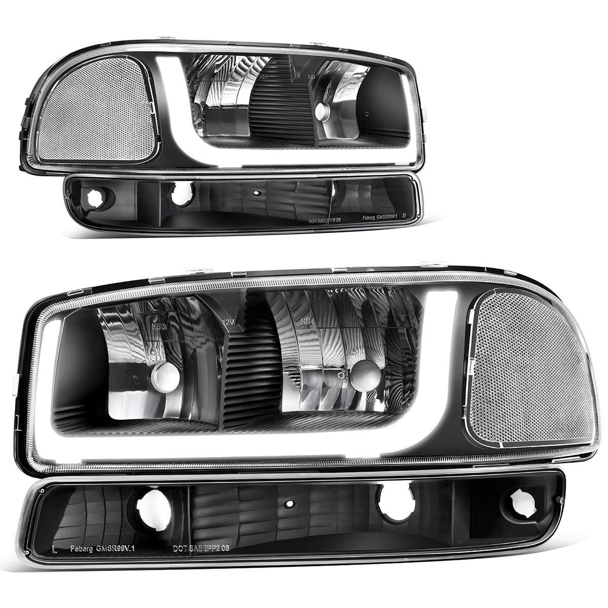 RVNI For 1999-2006 GMC Sierra Yukon XL LED DRL Black Headlights Bumper Signal Lamps