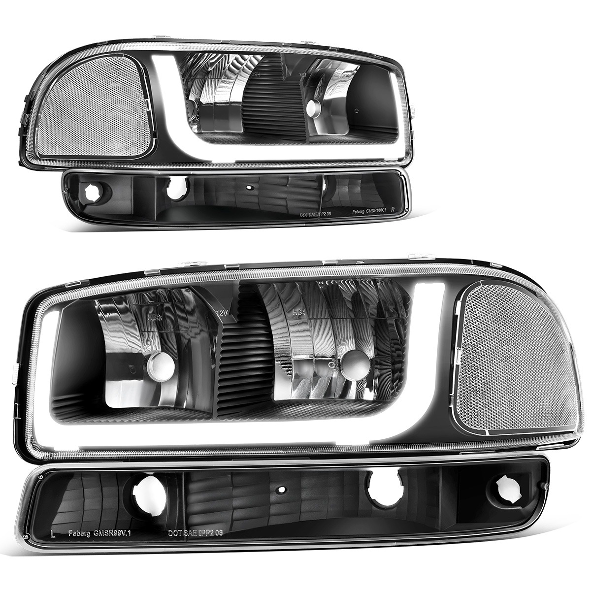 Black LED Bar Projector Headlights + Bumper Signals For 1999-2006 GMC Sierra Yukon