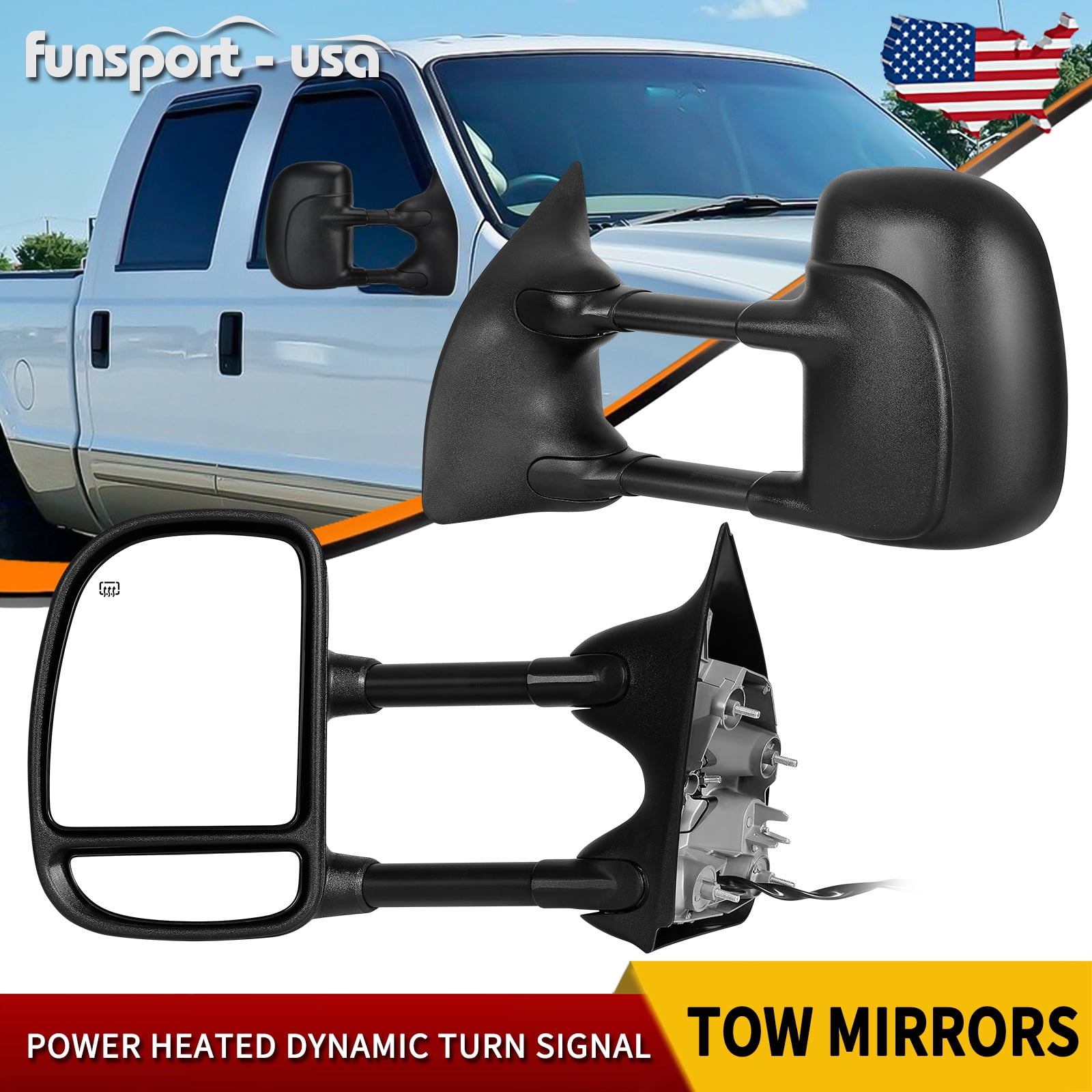 LEDKINGDOMUS Pair Black Power Heated Towing Mirrors for 1999-2007 Ford F250/F350/F450/F550 Super Duty & 2001-2005 Excursion, Manual Folding Telescoping with Convex Lens