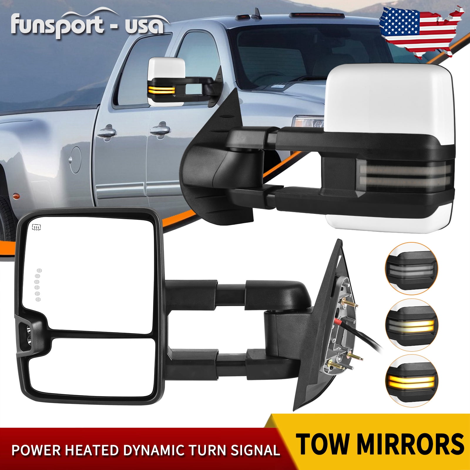 LEDKINGDOMUS Power Heated Towing Mirrors for 2007-2014 Chevy Silverado/GMC Sierra 1500/2500HD/3500HD, Avalanche, Suburban, Tahoe, Yukon XL, Manual Telescoping & Folding, Plug and Play  White