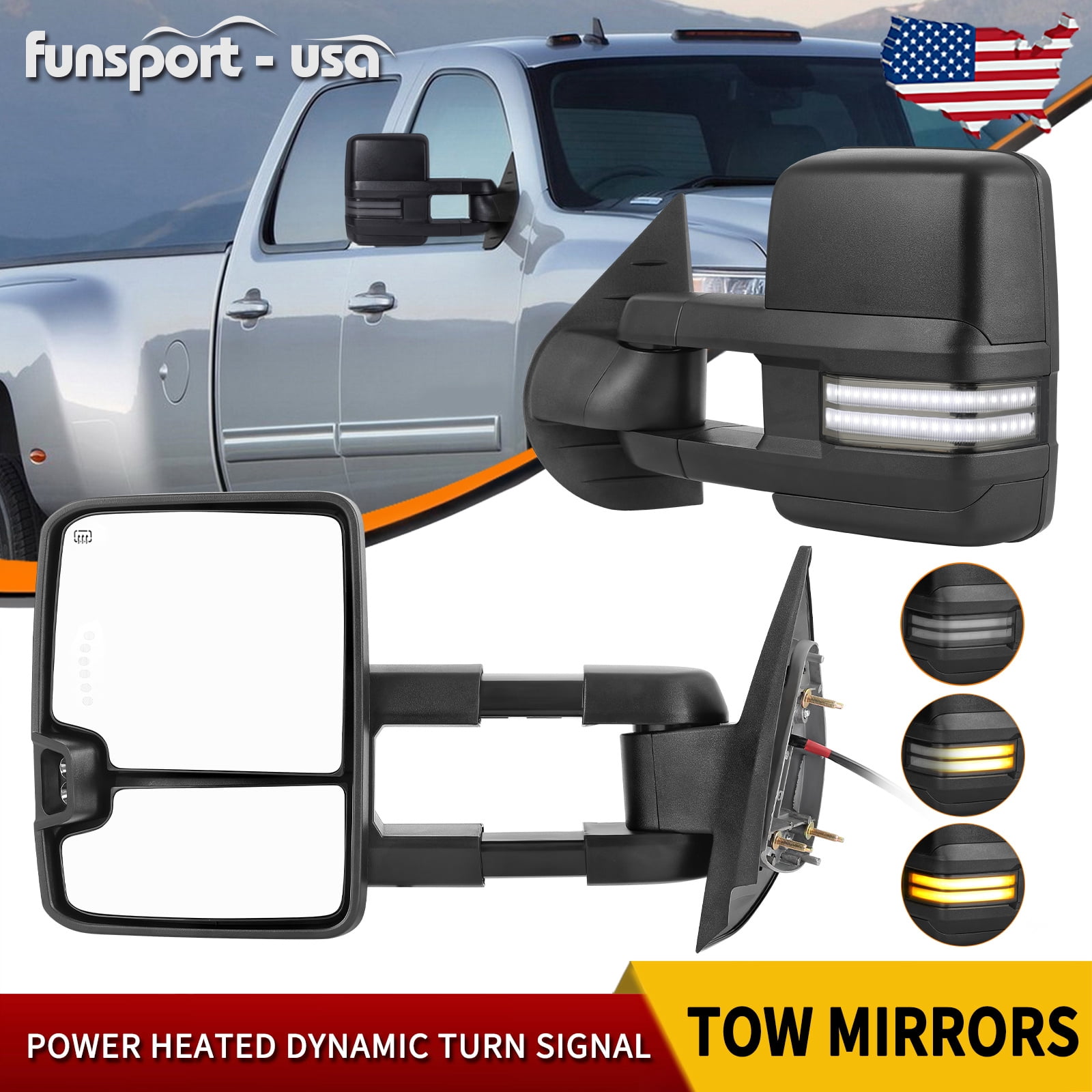 LEDKINGDOMUS Power Heated Towing Mirrors for 2007-2014 Silverado/Sierra 1500/2500HD/3500HD, Suburban, Avalanche, Switchback Turn Signal, Manual Telescoping & Folding, Plug & Play (Black)