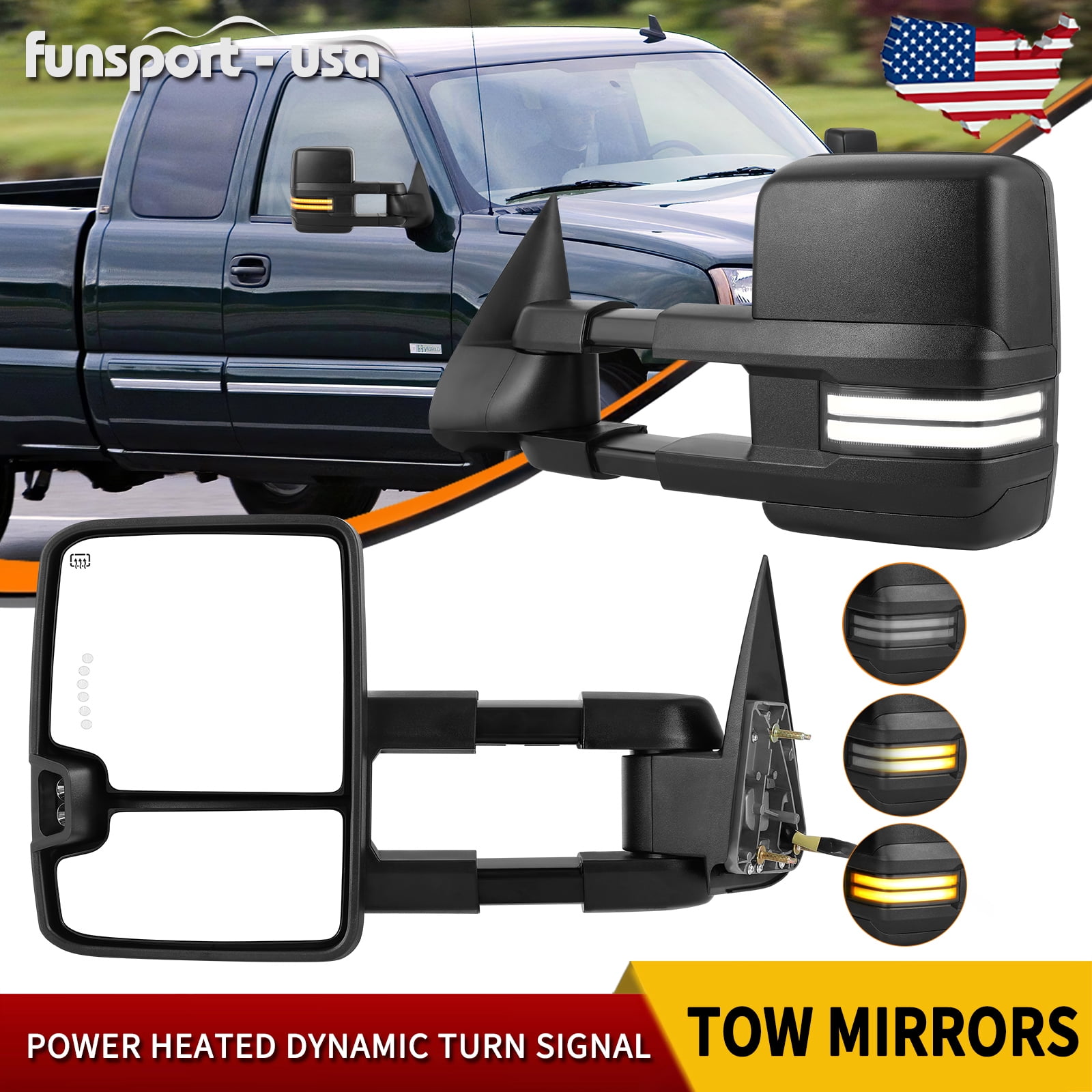 LEDKINGDOMUS Power Heated Towing Mirrors Compatible with 2003 - 2006 Silverado Sierra 1500 2500 HD 3500, Escalade Suburban Tahoe Yukon XL Manual Fold Telescopic Switchback Turn Signal Running Lights
