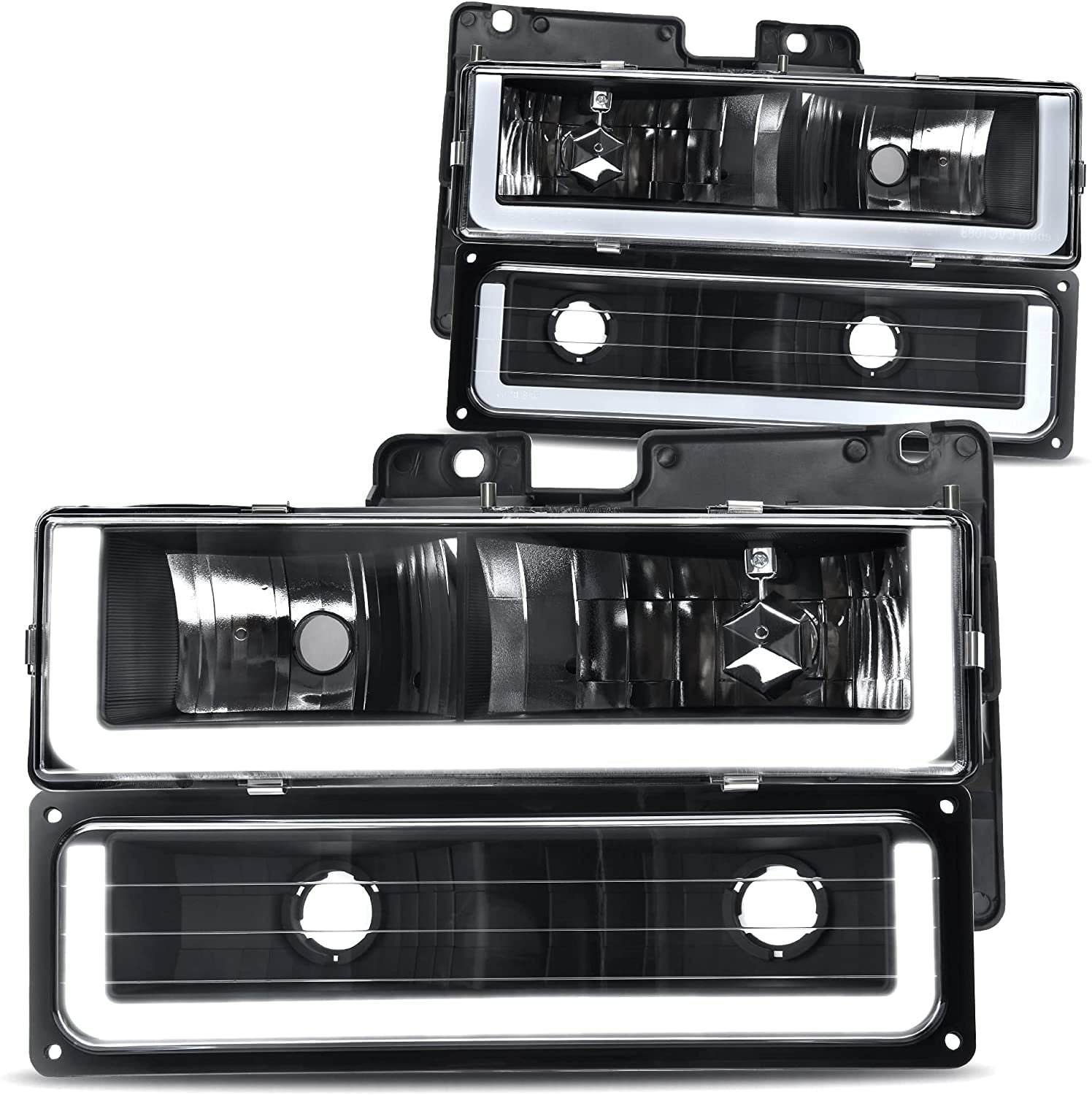 RVNI [U-LED DRL] Headlight+Bumper Lamps For 1990-1999 Chevy GMC C/K C1500 C2500 C3500