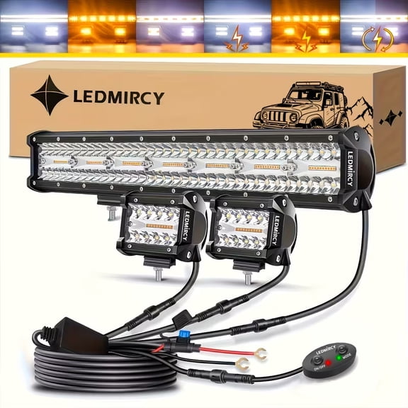 LEDMIRCY 20 Inch LED Light Bar and 2PCS 4 Inch LED Pods Kit, 6 Modes White Amber Strobe, 3-Lead Wiring Harness, Triple-Row Combo Beam, for SUV Truck Pickup