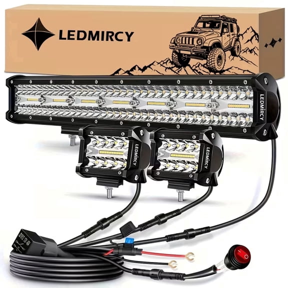 LEDMIRCY 20Inch LED Light Bar and 4Inch LED Pod Lights 2PCS Off Road Lights with 3Lead Wiring Harness Driving Lights for Truck ATV UTV SUV Van Camper Car Pickup Golf Cart Boat
