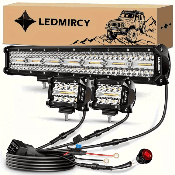 LEDMIRCY 20 Inch LED Light Bar and 4 Inch LED Pods 2PCS Kit with 3 Leads Wiring Harness Rocker Switch Triple Row Off Road Light Bar Spot Flood Combo Work Light for Pickup UTV Truck Tractor Boat
