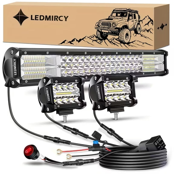 LEDMIRCY 20 inch LED Light Bar and 2PCS 4 inch Pods with Switch 20AWG 3-Leads Wiring Harness for off Road Utv Atv Pickup Trucks Boat