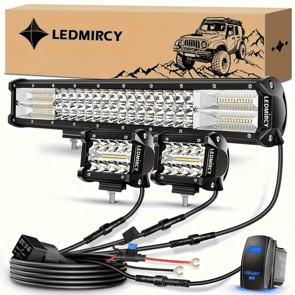 LEDMIRCY 20 inch LED Light Bar and 2PCS 4 Inch LED Pods with Switch 20AWG 3 Leads Wiring Harness Kit Triple Row Spot Flood Combo Light Bar Pods Kit for Off Road UTV ATV Pickup Trucks Boat