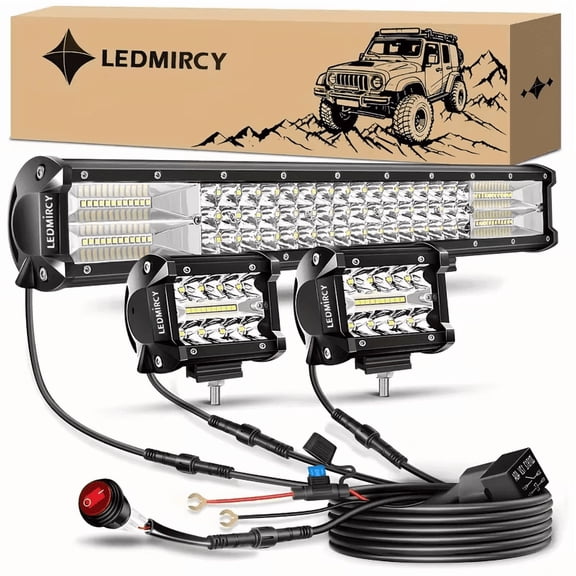 LEDMIRCY 20 inch LED Light Bar and 2PCS 4 Inch LED Pods with Switch 20AWG 3 Leads Wiring Harness Kit Triple Row Spot Flood Combo Light Bar Pods Kit for Off Road UTV ATV Pickup Trucks Boat