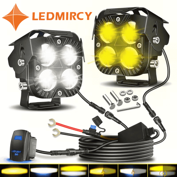 LEDMIRCY Fog Lights White Amber Strobe 6 Modes LED Driving Off Road Lights Waterproof with Wiring Harness Fuse Kit for Motorcycle ATV UTV SUV Truck Boat