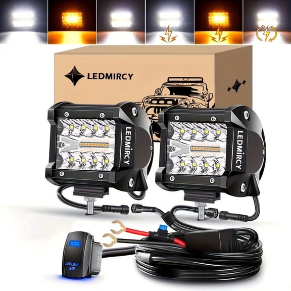 LEDMIRCY 4Inch LED Pod Lights 6 Modes Amber White Strobe LED Fog/Driving/Offroad Lights with 2 Leads Wiring Harness Memory Function Spot Flood Combo LED Light Bar for ATV UTV SUV Truck Tractor Boat