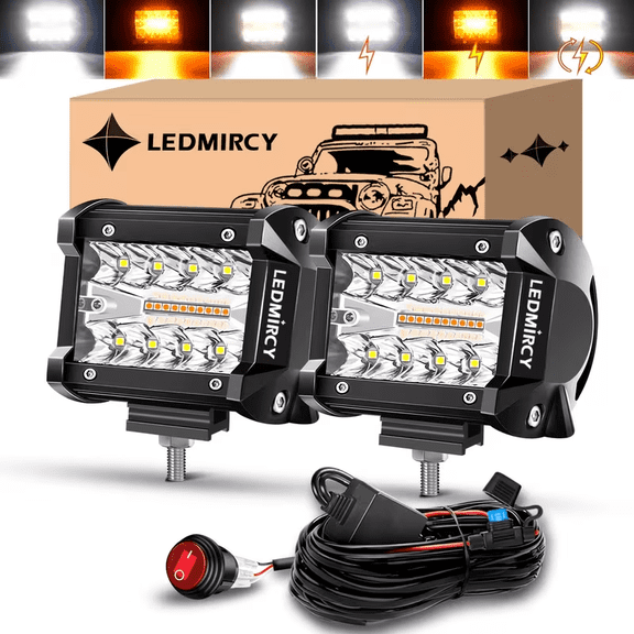 LEDMIRCY 4 Inch LED Light Bar Kit with Rocker Switch 6 Modes White Amber Offroad Light Bar   Strobe Light with Wiring Harness Flashing Work Lights for Trucks Boat Tractor Etc