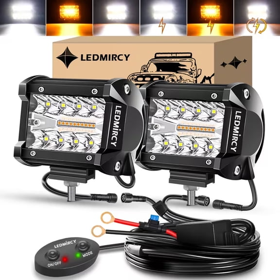 LEDMIRCY 4 inch off road LED Light Bar Kit 6 Modes White Amber Strobe Memory Switch Harness for Trucks Boats Tractors