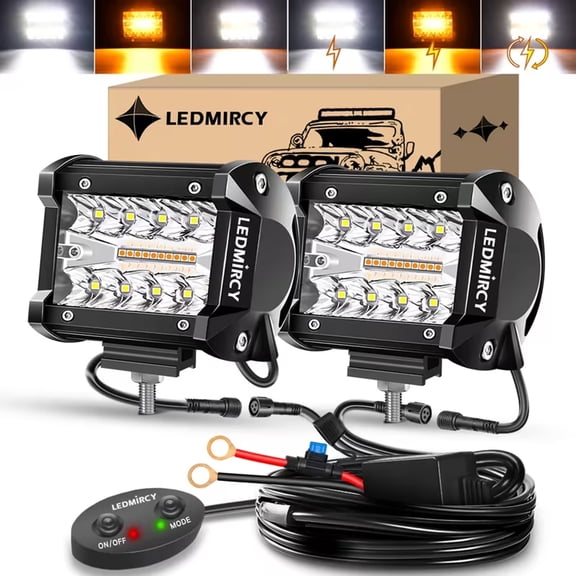 LEDMIRCY 4Inch LED Pod Lights 6 Modes Amber White Strobe LED Fog/Driving/Offroad Lights with 2 Leads Wiring Harness Memory Function Spot Flood Combo LED Light Bar for Truck Boat ATV UTV