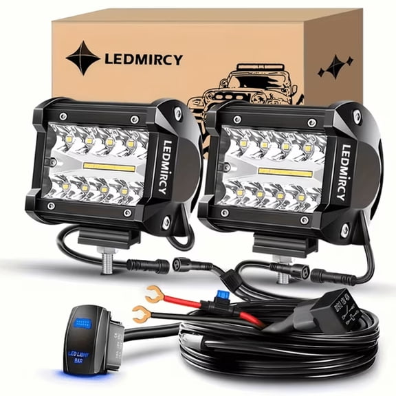 LEDMIRCY 4 inch LED Pod Lights Kit with Round Toggle Switch Wiring Harness LED Light Bar 2 Lead Spot Flood Combo Beam White Driving Off Road Lights for Truck Tractor Excavator Boat ATV SUV UTV GMC