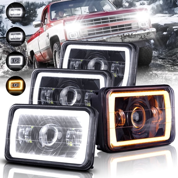 LEDMIRCY 4PCS DOT 4x6 Inch LED Headlights with White/Amber DRL Turn SignalRectangular Replacement H4651 H4652 H4656 H4666 H6545 Compatible with Peterbilt Kenworth Freightliner Ford Probe Oldsmobile C