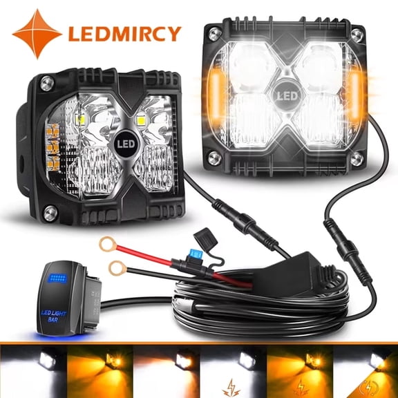 LEDMIRCY 2PCS 4Inch LED Pods Spot Flood Amber White Light Bar Strobe 6 Modes Memory Function Off-Road Truck Car ATV SUV Cabin Boat with 16AWG Wiring Harness Kit-2 Lead, 2 Years Warranty