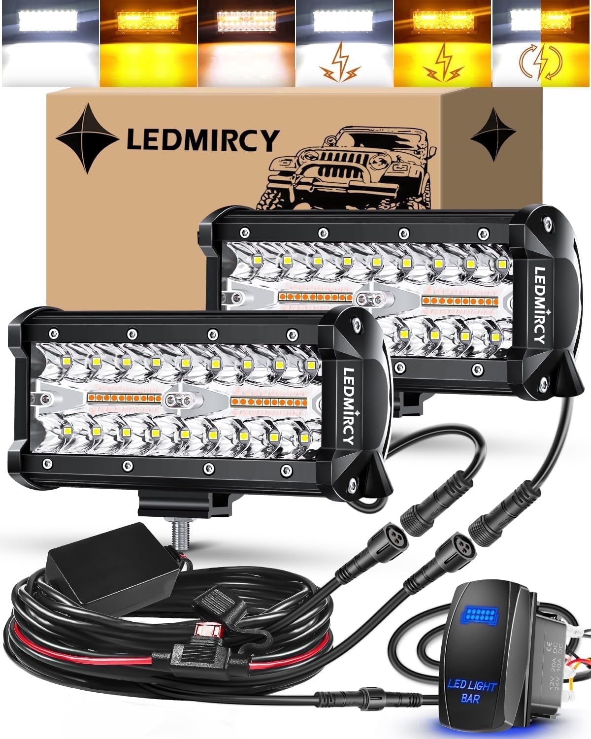LEDMIRCY 7 inch LED Light Bar Kit, 6 Modes White Amber Offroad Lights with Memory Function & Strobe, Rocker Switch Wiring Harness, Flashing Work  for Truck Boat Tractor Atv Suv Utv