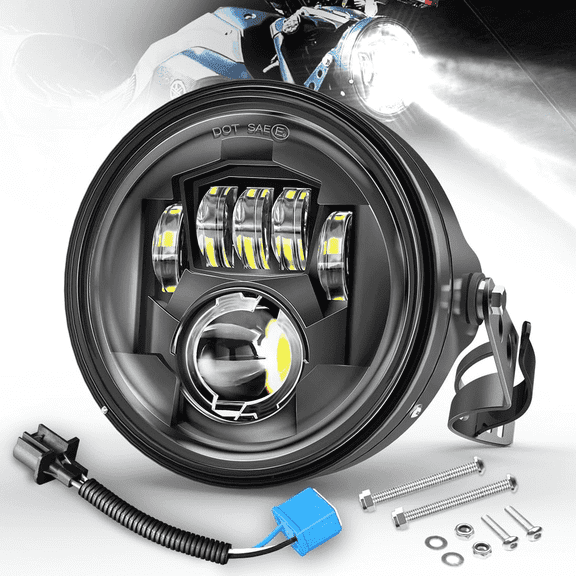 LEDMIRCY 7 inch LED Motorcycle Headlight with Housing Bucket Mounting Brackets Hi/Low Beam Headlamp for H-arley Yamaha Honda Cafe Racer Bobber Chopper Scrambler Streetbike w/34~42mm Fork Tube, White