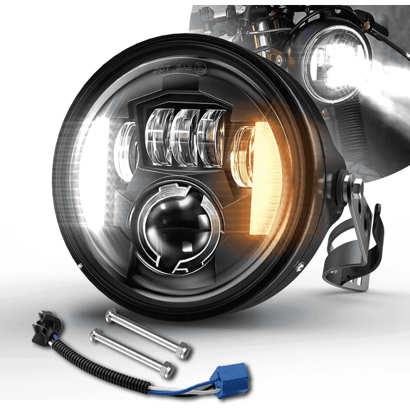 LEDMIRCY Motorcycle Headlight DOT Approved with Housing Bucket Turn Signal DRL Hi/Low Beam 7" Round LED Headlight for H-arley Yamaha Honda Cafe Racer Bobber Chopper (Fits 34-42mm Fork)