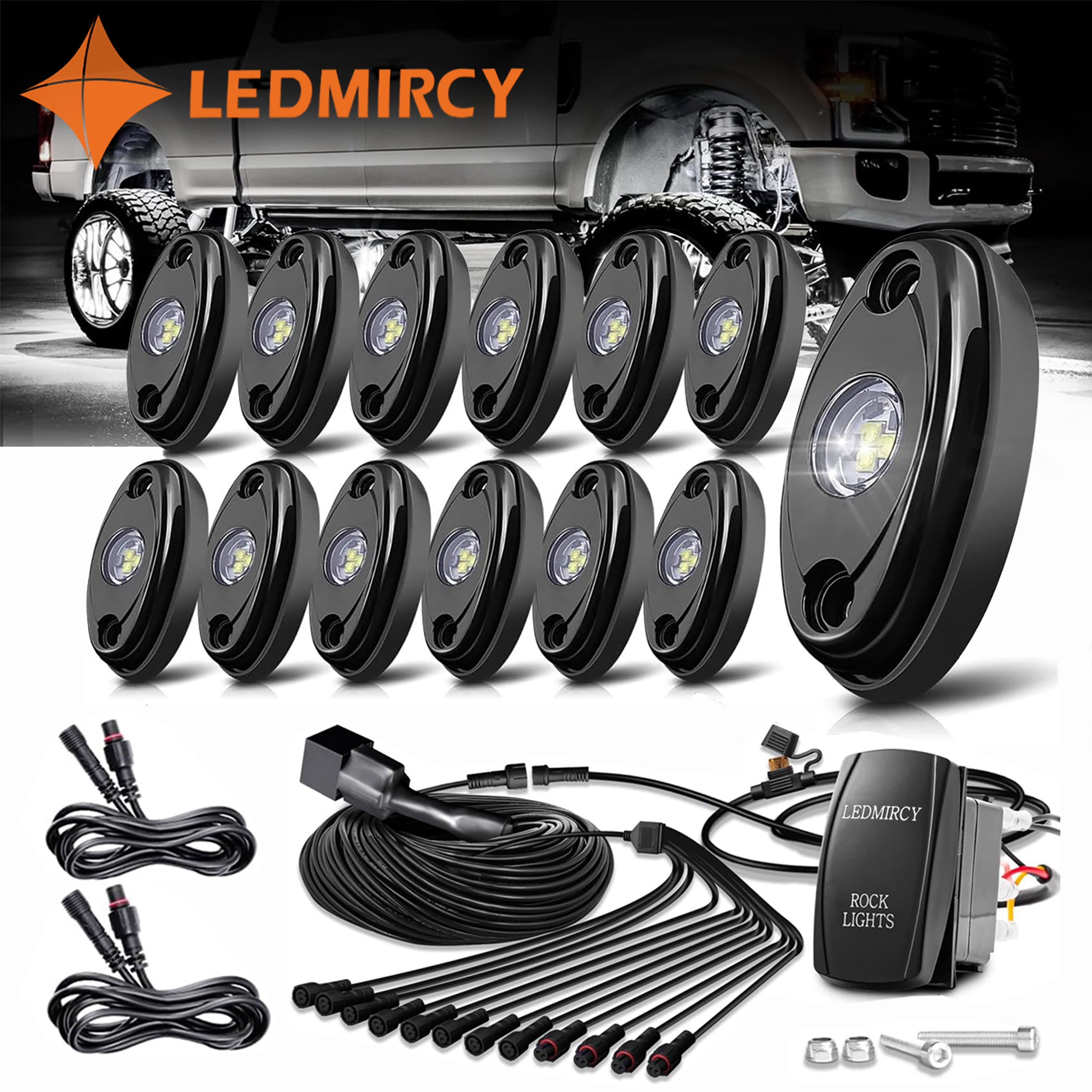 LEDMIRCY R1 Pure White LED Rock Light Kit, 12PCS, Rocker Switch Harness, Waterproof for Trucks, off road, Atv, Utv, Suv,Underglow