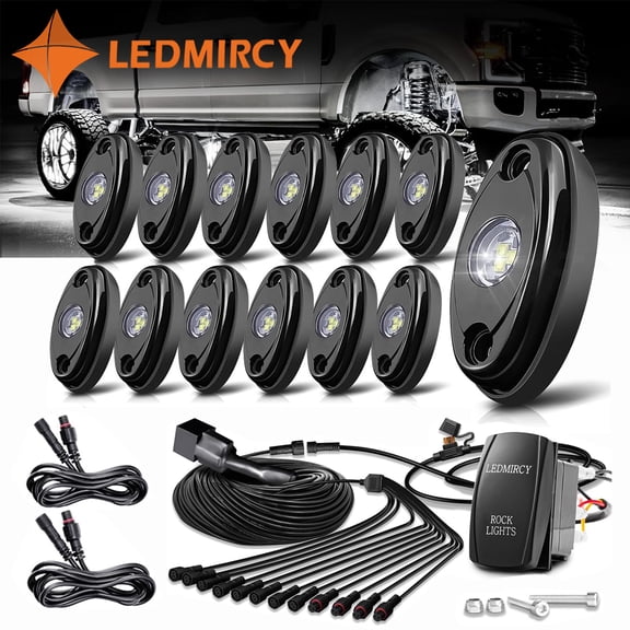 LEDMIRCY R1 Pure White LED Rock Light Kit, 12PCS, Rocker Switch Harness, Waterproof for Trucks, off road, Atv, Utv, Suv,Underglow