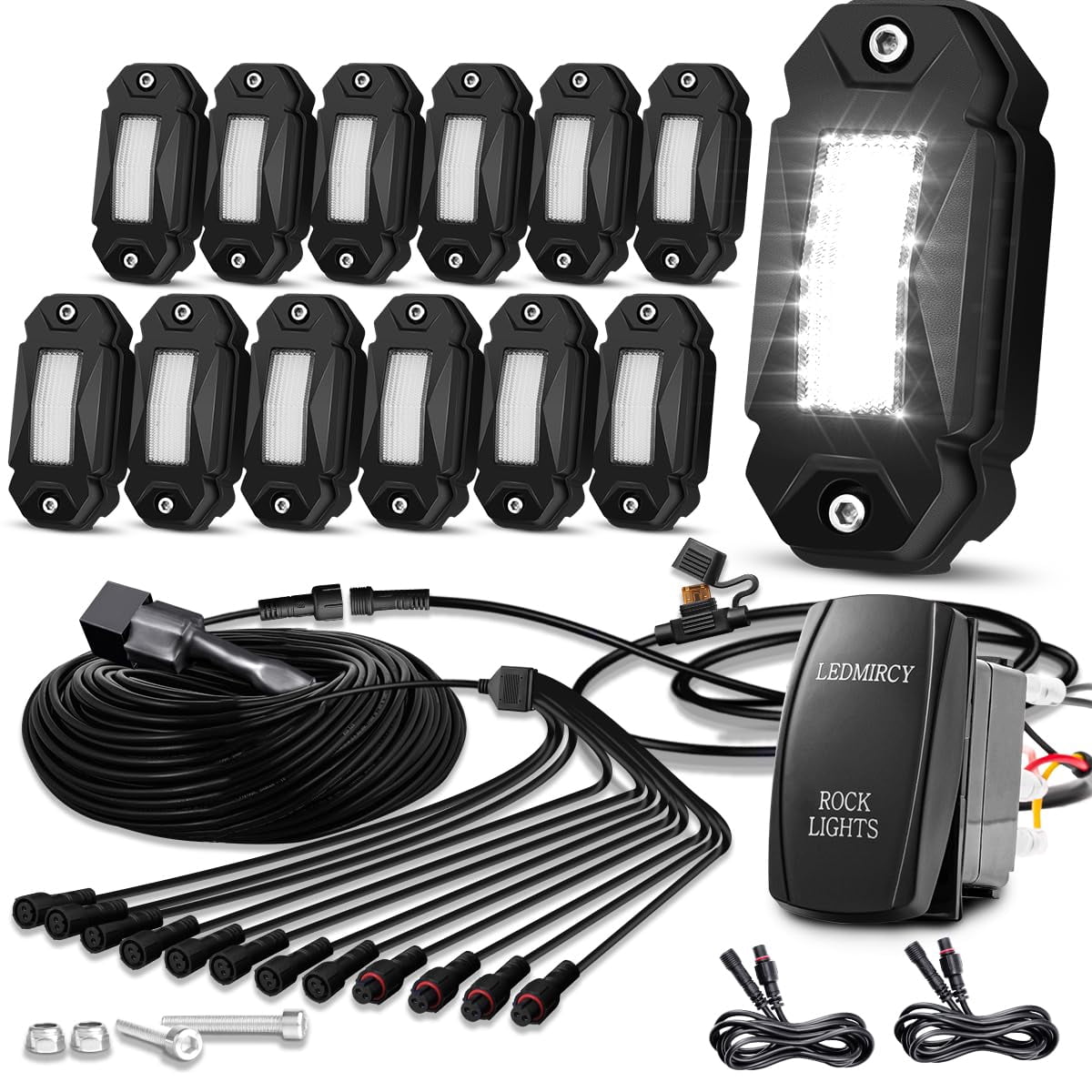 12 Pcs Pure White LED Rock Lights Kit With Wiring Harness & Switch - IP68 Waterproof For Jeep, Truck, ATV