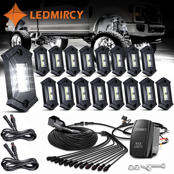 LEDMIRCY R3 Pure White LED Rock Light Kit 16PCS with Rocker Switch Wire Harness for Offroad Trucks Atv Utv Suv Under Body