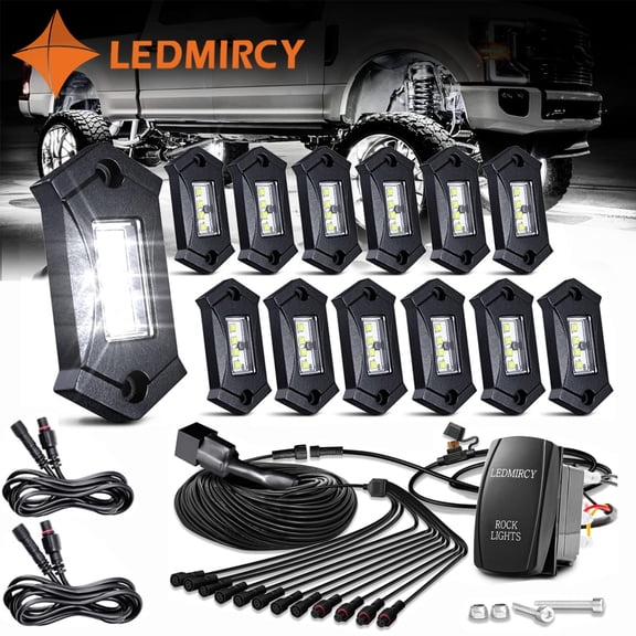 LEDMIRCY R3 Pure White Rock Light Kit with Rocker Switch Wire Harness 12PCS for off road Trucks Atv Utv Suv Under Body