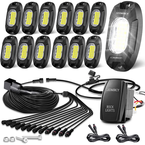 LEDMIRCY R6 Pure White LED Rock Lights 12PCS with Wiring Harness, Waterproof Shockproof for Trucks Utv Atv Boat
