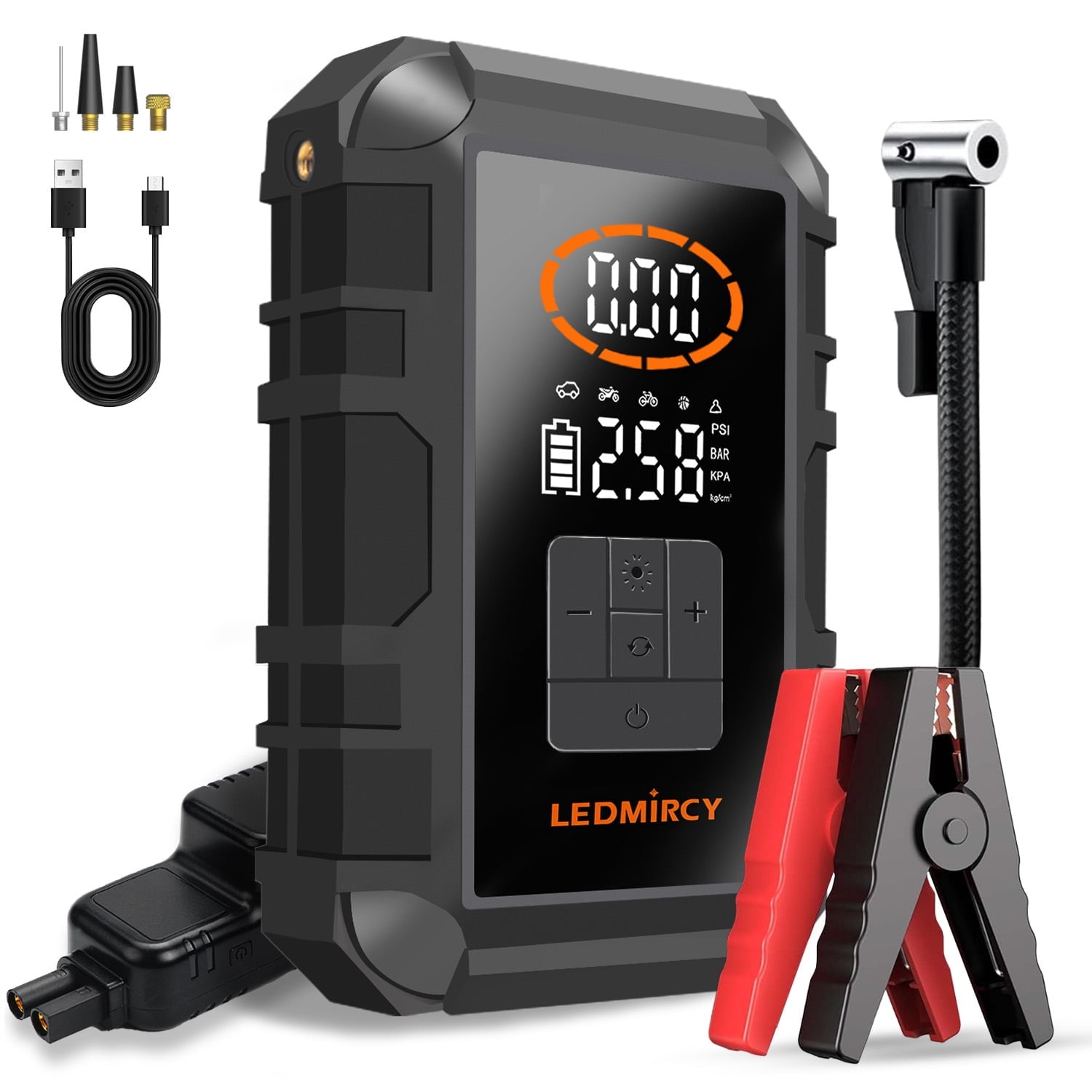 LEDMIRCY 2500A Jump Starter with Air Compressor,7-in-1 Portable Car Battery Jump Starter for Up to 8.0L Gas & 6.0L Diesel Engines, 150PSI Tire Inflator, 12V Jum