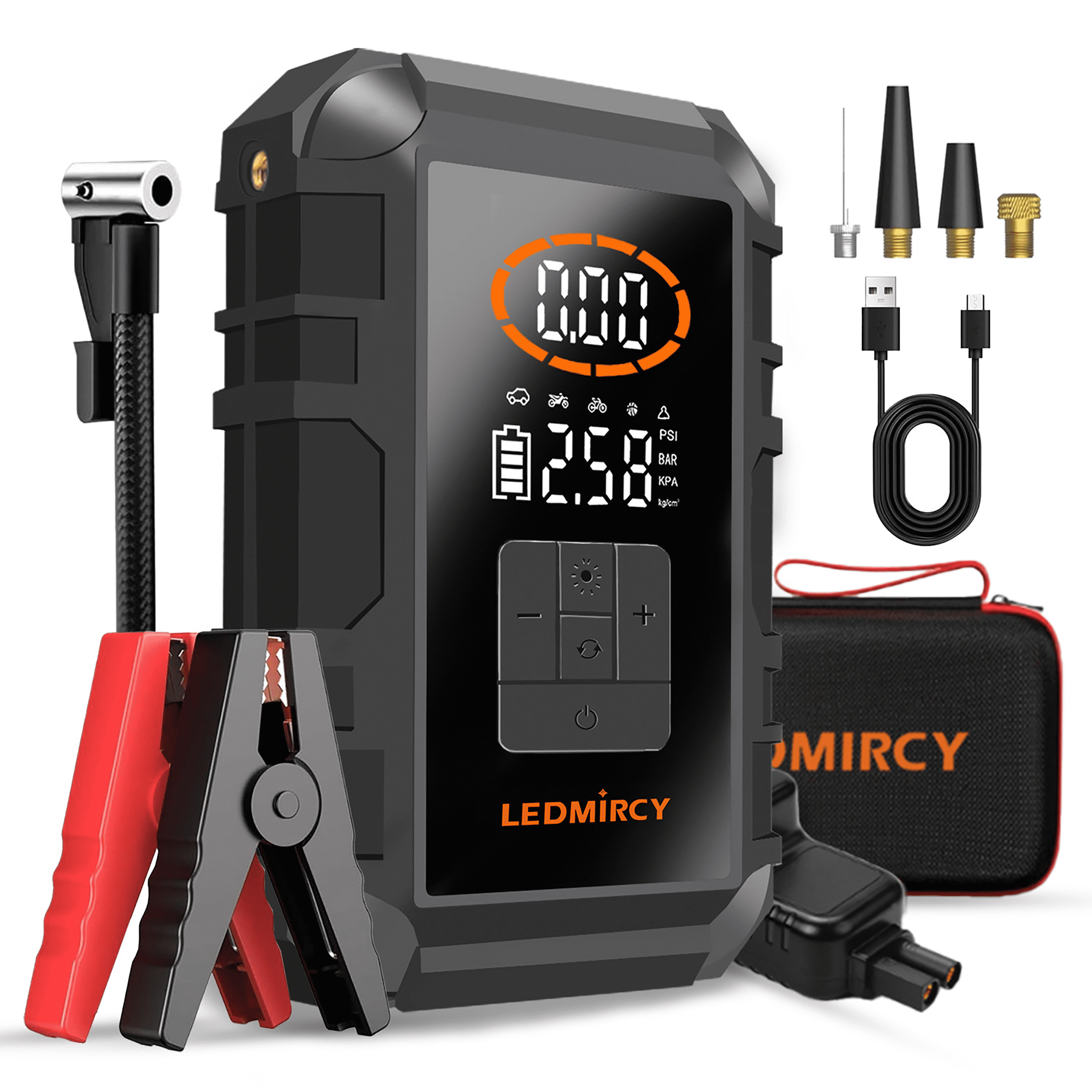 LEDMIRCY 2-in-1 Car Jump Starter and Tire Inflator with LED Display, Flashlight, USB Fast Charge, All-In-One Design, High Quality
